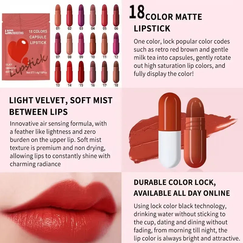 18 PCS Mini lipstick set, 18 colors, Capsule Lipstick Set caramel matte velvet Candy, Lipstick waterproof, long-lasting, Makeup lipstick For Girls